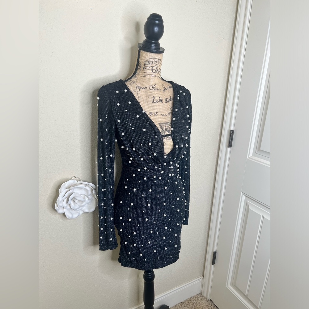 NTM: SHEIN Pearl Embellished Black Bodycon Mini Dress Long Sleeve Size Small - Picture 6 of 16